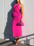 Momnfancy Rose Carmine Twist Front Backless Halter Neck Fashion Bodycon Baby Shower Maternity Midi Dress