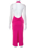 Momnfancy Rose Carmine Twist Front Backless Halter Neck Fashion Bodycon Baby Shower Maternity Midi Dress