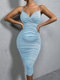 Momnfancy Light Blue Ruched V-neck Fashion Bodycon Gender Reveal Baby Boy Baby Shower Maternity Midi Dress