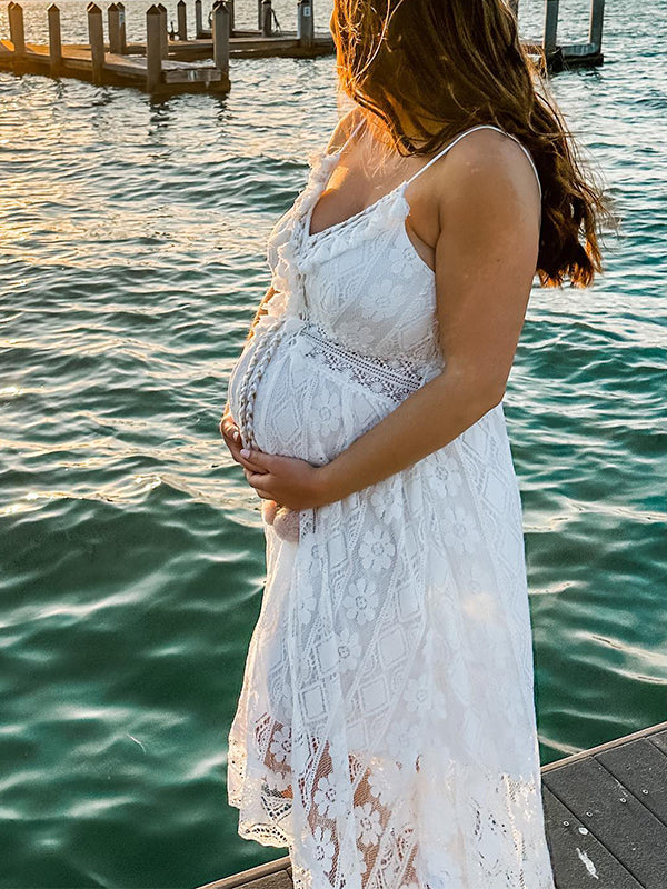 Momnfancy White Lace Ruffle Tassel Irregular V-neck Sleeveless Elegant Photoshoot Baby Shower Maternity Midi Dress