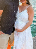 Momnfancy White Lace Ruffle Tassel Irregular V-neck Sleeveless Elegant Photoshoot Baby Shower Maternity Midi Dress