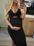 Momnfancy Black Twist Front Cut Out Side Slit Fashion Bodycon Daily Baby Shower Maternity Midi Dress