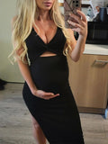 Momnfancy Black Twist Front Cut Out Side Slit Fashion Bodycon Daily Baby Shower Maternity Midi Dress