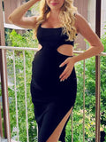 Momnfancy Black Off Shoulder Cut Out Side Slit Bodycon Chic Party Photoshoot Maternity Midi Dress