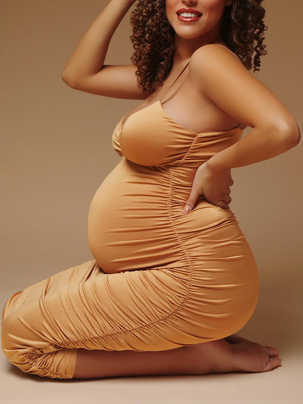 Momnfancy Khaki Ruched V-neck Fashion Bodycon Photoshoot Baby Shower Maternity Midi Dress