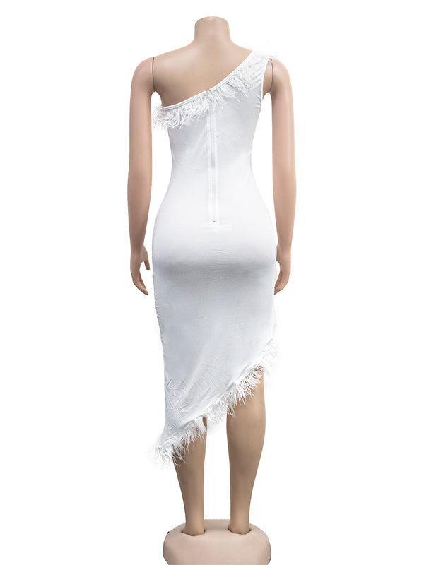 Momnfancy One Shoulder Feather Irregular Side Slit Elegant Bodycon Gown Baby Shower Maternity Midi Dress