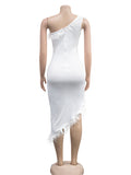 Momnfancy One Shoulder Feather Irregular Side Slit Elegant Bodycon Gown Baby Shower Maternity Midi Dress