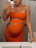 Momnfancy Orange Bandeau Cut Out Sheer Fashion Bodycon Baby Shower Maternity Midi Dress