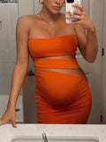 Momnfancy Orange Bandeau Cut Out Sheer Fashion Bodycon Baby Shower Maternity Midi Dress