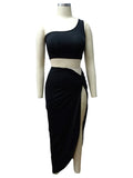 Momnfancy Black Off Shoulder Crop Irregular Cascading Ruffle 2-in-1 Fashion Plue Size Photoshoot Maternity Midi Dress
