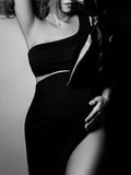 Momnfancy Black Off Shoulder Crop Irregular Cascading Ruffle 2-in-1 Fashion Plue Size Photoshoot Maternity Midi Dress