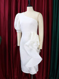 Momnfancy White Off Shoulder Ruffle Puff Sleeve Elegant Bodycon Plue Size Baby Shower Maternity Midi Dress