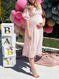 Momnfancy Pink Ruffle Grenadine Tie Back Big Swing Flowy Puff Sleeve Elegant Photoshoot Baby Shower Maternity Midi Dress