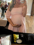 Momnfancy Pink Ruffle Grenadine Tie Back Big Swing Flowy Puff Sleeve Elegant Photoshoot Baby Shower Maternity Midi Dress