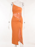Momnfancy Irregular Cut Out Ruched Spaghetti Strap Off-shoulder Side Slit Oblique Shoulder Fashion Holiday Baby Shower Maternity Midi Dress