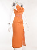 Momnfancy Irregular Cut Out Ruched Spaghetti Strap Off-shoulder Side Slit Oblique Shoulder Fashion Holiday Baby Shower Maternity Midi Dress