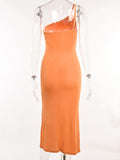 Momnfancy Irregular Cut Out Ruched Spaghetti Strap Off-shoulder Side Slit Oblique Shoulder Fashion Holiday Baby Shower Maternity Midi Dress
