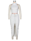 Momnfancy White Two Pieces Halter Neck Backless Ruched Slit Front Drawstring Chic Bodycon Baby Shower Maternity Midi Dress