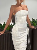 Momnfancy Tube Ruched Pockets Fishbone Bandeau Club Chic Bodycon Baby Shower Maternity Midi Dress