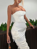Momnfancy Tube Ruched Pockets Fishbone Bandeau Club Chic Bodycon Baby Shower Maternity Midi Dress
