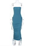 Momnfancy Tube Ruched Pockets Fishbone Bandeau Club Chic Bodycon Baby Shower Maternity Midi Dress