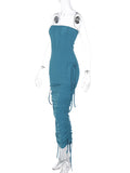 Momnfancy Tube Ruched Pockets Fishbone Bandeau Club Chic Bodycon Baby Shower Maternity Midi Dress