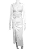 Momnfancy White 2-in-1 Irregular Cut Out Crop Ruched Lace-up Backless Bodycon Side Slit Halter Neck Fashion Baby Shower Maternity Midi Dress