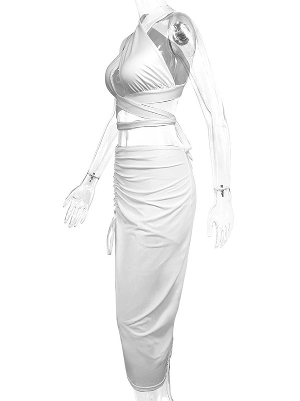 Momnfancy White 2-in-1 Irregular Cut Out Crop Ruched Lace-up Backless Bodycon Side Slit Halter Neck Fashion Baby Shower Maternity Midi Dress
