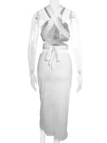 Momnfancy White 2-in-1 Irregular Cut Out Crop Ruched Lace-up Backless Bodycon Side Slit Halter Neck Fashion Baby Shower Maternity Midi Dress