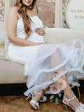Momnfancy White Patchwork Grenadine Cascading Ruffle Off-shoulder Bodycon Bandeau Elegant Gowns Baby Shower Photoshoot Maternity Midi Dress