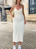 Momnfancy White Spaghetti Straps Halter Neck Slit Bodycon Backless Lace Up V-neck Streetwear Baby Shower Maternity Midi Dress