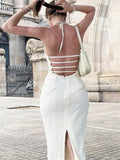 Momnfancy White Spaghetti Straps Halter Neck Slit Bodycon Backless Lace Up V-neck Streetwear Baby Shower Maternity Midi Dress