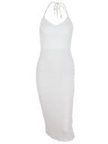 Momnfancy White Spaghetti Straps Halter Neck Slit Bodycon Backless Lace Up V-neck Streetwear Baby Shower Maternity Midi Dress