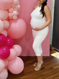 Momnfancy White Ruched Solid Color Chic Bodycon Gender Reveal Baby Shower Maternity Midi Dress