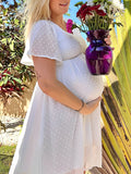 Momnfancy White Cute Polka Dot Chiffon Tulle Flowy Falbala Transparent A-Line Daily Babyshower Maternity Midi Dress