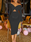 Momnfancy Elegant Chic Cutout Crop Bodycon Knot Ruffle Party Babyshower Maternity Midi Dress