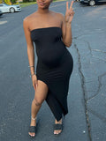 Momnfancy Black Side Slit Tube Fashion Bodycon Photoshoot Baby Shower Maternity Midi Dress