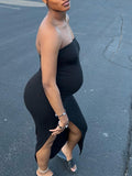 Momnfancy Black Side Slit Tube Fashion Bodycon Photoshoot Baby Shower Maternity Midi Dress