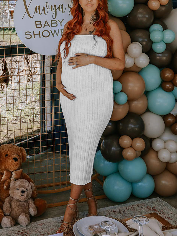 Momnfancy White Knit Off Shoulder Multi Way Stretch Skirt Bodycon Sleeveless Babyshower Maternity Midi Dress
