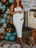 Momnfancy White Knit Off Shoulder Multi Way Stretch Skirt Bodycon Sleeveless Babyshower Maternity Midi Dress