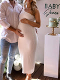 Momnfancy White Oblique Shoulder Stretch Knit Solid Color Bodycon Babyshower Maternity Midi Dress