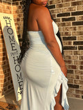 Momnfancy Blue Ruffle Slit Tube Fashion Bodycon Baby Shower Photoshoot Maternity Midi Dress