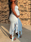 Momnfancy Blue Ruffle Slit Tube Fashion Bodycon Baby Shower Photoshoot Maternity Midi Dress