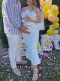 Momnfancy White 3D Flowers Cut Out Halter Neck Chic Bodycon Baby Shower Photoshoot Maternity Midi Dress