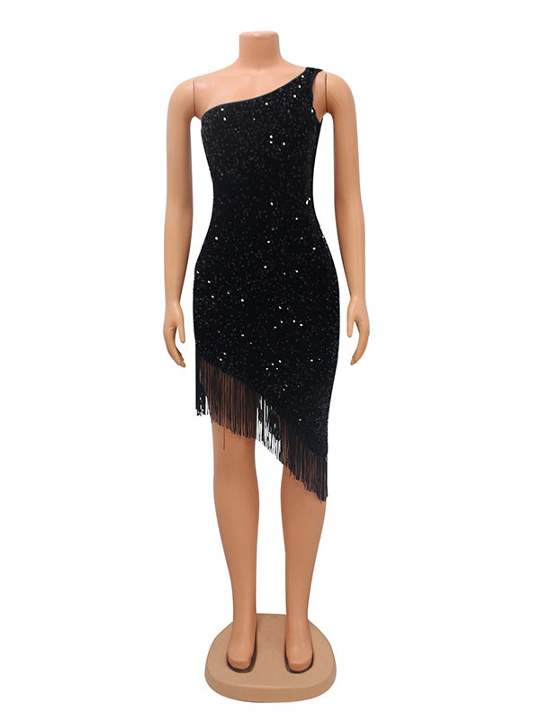 Momnfancy Black One Shoulder Sequin Tassel Irregular Club Fashion Bodycon Party Maternity Mini Dress