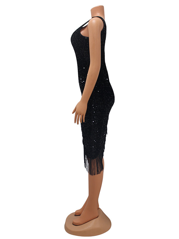 Momnfancy Black One Shoulder Sequin Tassel Irregular Club Fashion Bodycon Party Maternity Mini Dress