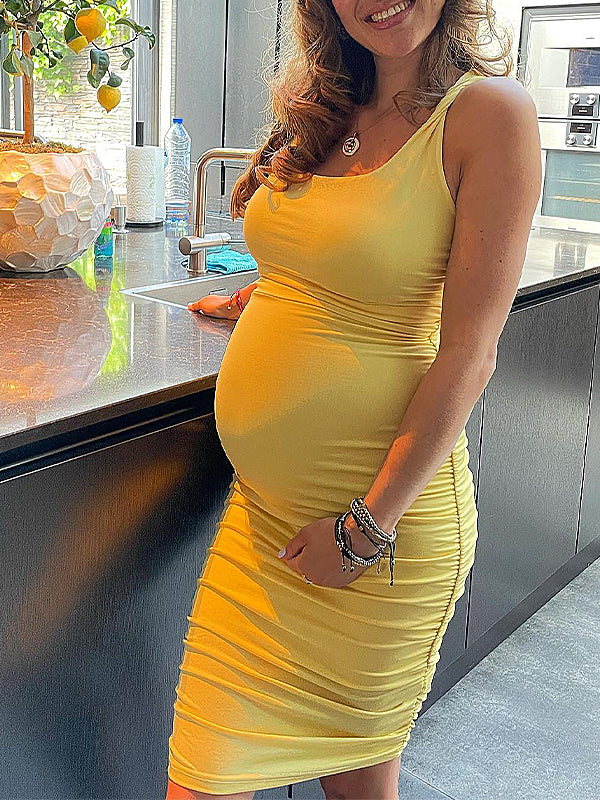 Momnfancy Yellow Ruched Solid Color Fashion Bodycon Daily Baby Shower Maternity Midi Dress