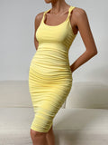 Momnfancy Yellow Ruched Solid Color Fashion Bodycon Daily Baby Shower Maternity Midi Dress