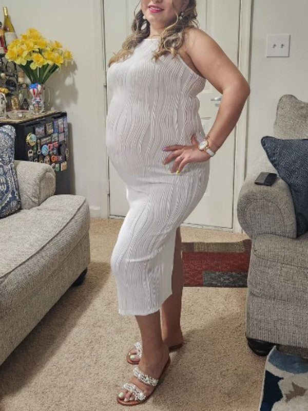 Momnfancy Chic White Back Slit Wavy Edge Bodycon Spaghetti Strap Party Babyshower Maternity Midi Dress