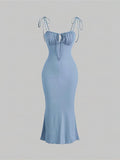 Momnfancy Chic Ruffle Bodycon Mermaid Lace Up Knot Drawstring Daily Babyshower Maternity Midi Dress